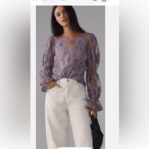 Eva Franco Lavender Floral Eyelet Long-Sleeve Blouse